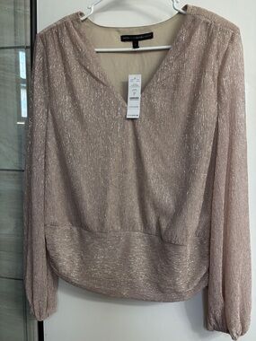 White House Black Market Metallic Taupe V-Neck Long Sleeve Blouse